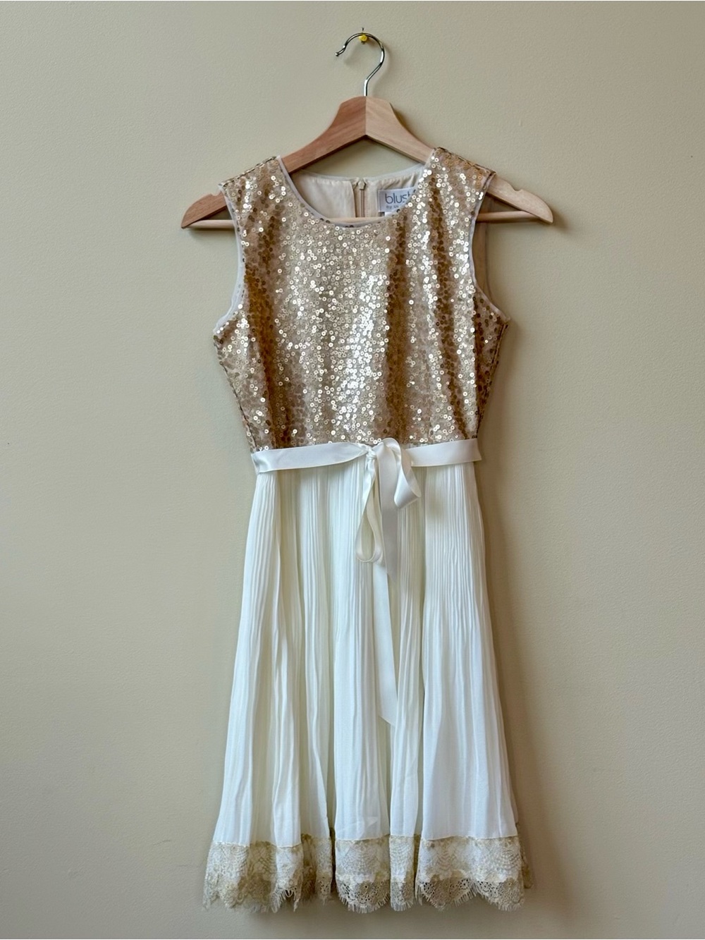 NWT - Girl’s Size 16 - Blush by Us Angels - Gold Sequin & Cream Pleated Dress